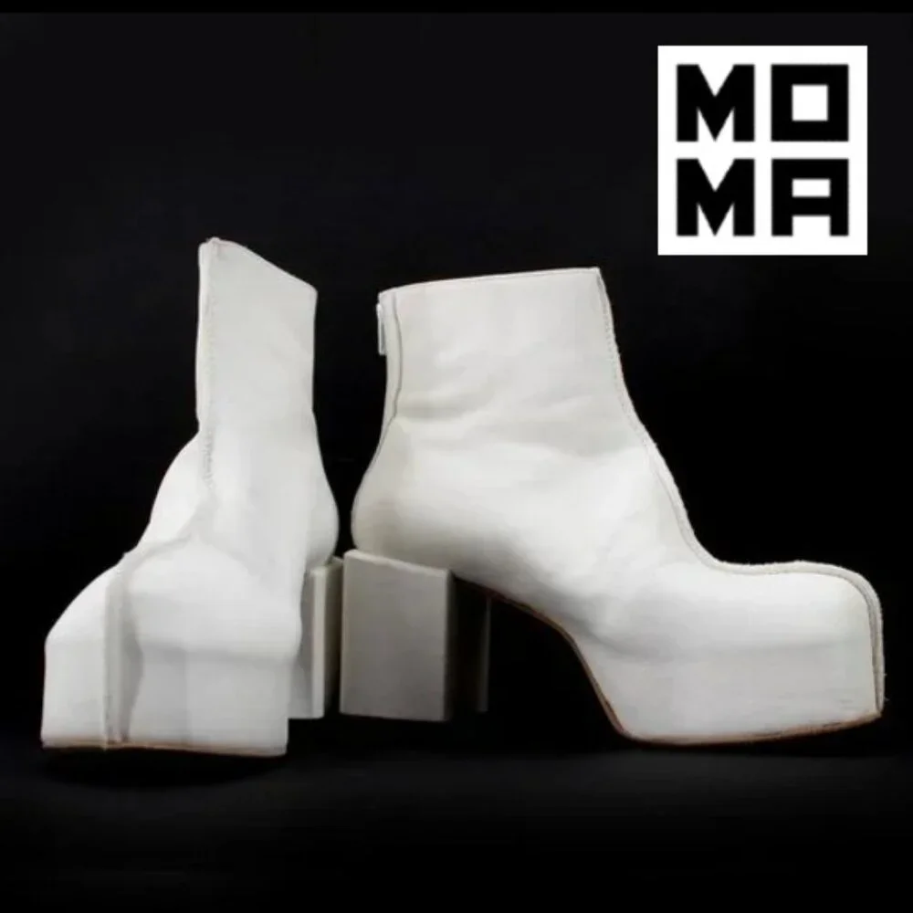 MOMA Platform Boots White Leather Handmade Block Heel Zip Back Seam SZ 39/10